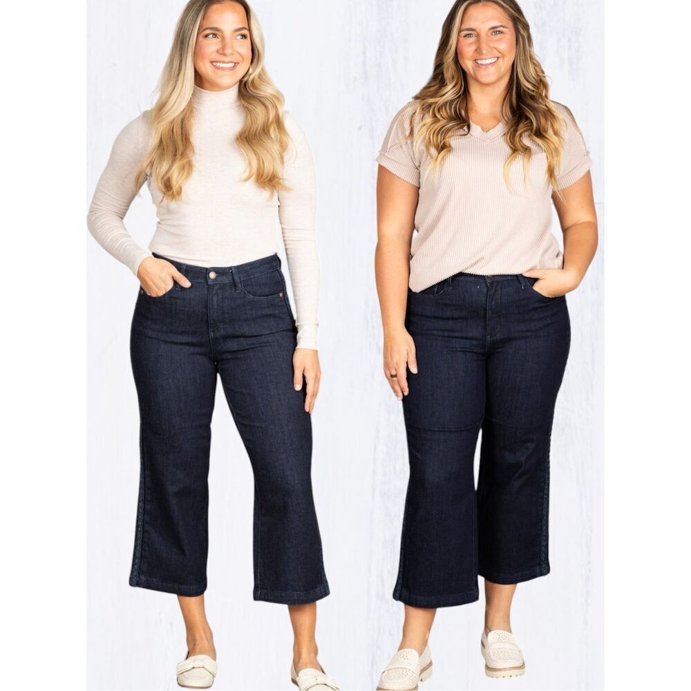 Judy Blue Braided Side Seam Cropped Wide Leg Jeans Dark Wash Stretch Denim NWT - Picture 9 of 16